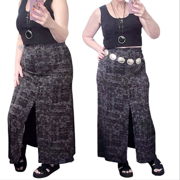 VTG 90s Black Floral Fairy Grunge Button Slit Front Maxi Skirt Medium - Picture 7 of 13